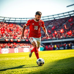 A professional athlete in action, showcasing Murad Alimdar, a Turkish national football player, skillfully dribbling a soccer ball on a vibrant green field