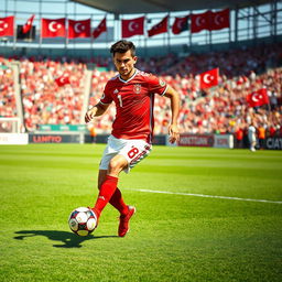 A professional athlete in action, showcasing Murad Alimdar, a Turkish national football player, skillfully dribbling a soccer ball on a vibrant green field