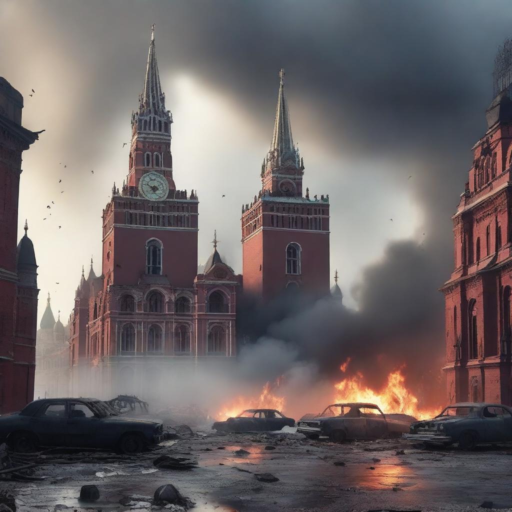 A high-quality digital art image depicting a post-apocalyptic scene at Red Square and the Moscow Kremlin