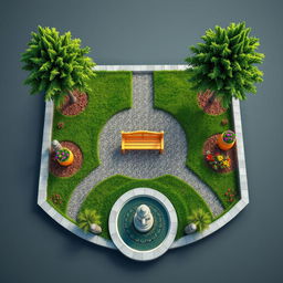 An aerial 3D perspective of a beautifully designed rectangular garden featuring a fountain at the entrance