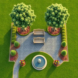 An aerial 3D perspective of a beautifully designed rectangular garden featuring a fountain at the entrance