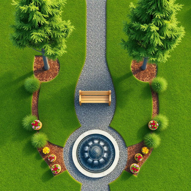 An aerial 3D perspective of a beautifully designed rectangular garden featuring a fountain at the entrance