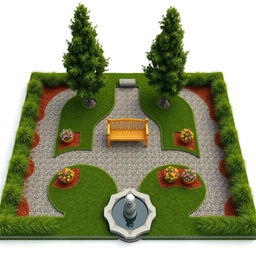 An aerial 3D perspective of a beautifully designed rectangular garden featuring a fountain at the entrance