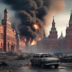 A high-quality digital art image depicting a post-apocalyptic scene at Red Square and the Moscow Kremlin