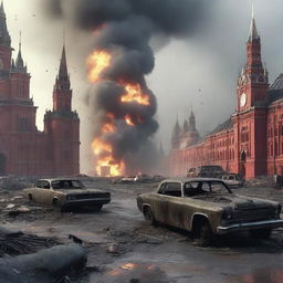 A high-quality digital art image depicting a post-apocalyptic scene at Red Square and the Moscow Kremlin