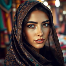 An elegant Arab woman wearing a beautifully ornate veil that covers her hair and part of her face, showcasing rich patterns in vibrant colors such as deep blue, gold, and emerald green