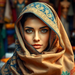 An elegant Arab woman wearing a beautifully ornate veil that covers her hair and part of her face, showcasing rich patterns in vibrant colors such as deep blue, gold, and emerald green