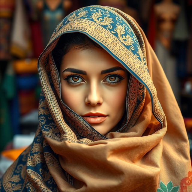 An elegant Arab woman wearing a beautifully ornate veil that covers her hair and part of her face, showcasing rich patterns in vibrant colors such as deep blue, gold, and emerald green