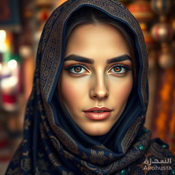 An elegant Arab woman wearing a beautifully ornate veil that covers her hair and part of her face, showcasing rich patterns in vibrant colors such as deep blue, gold, and emerald green