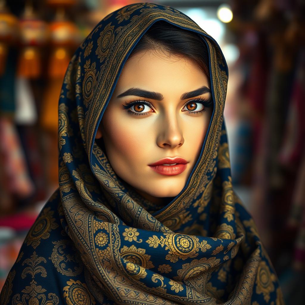 An elegant Arab woman wearing a beautifully ornate veil that covers her hair and part of her face, showcasing rich patterns in vibrant colors such as deep blue, gold, and emerald green