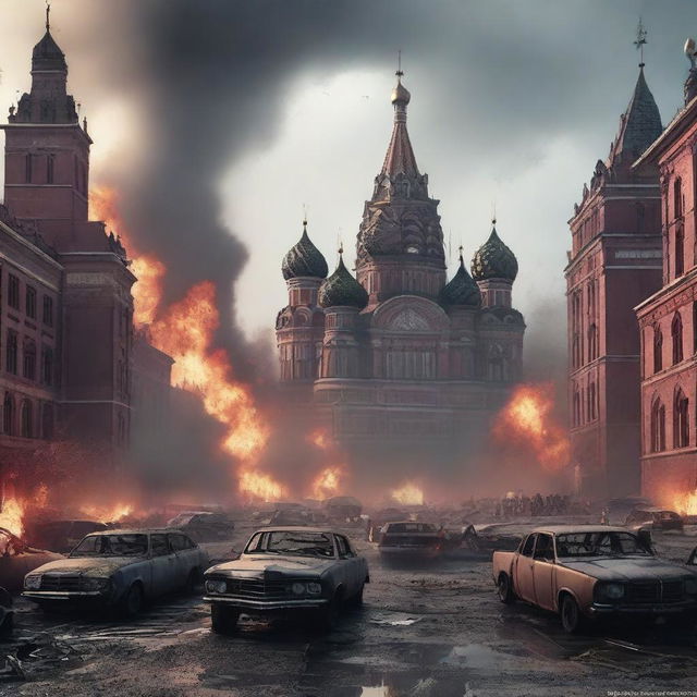 A high-quality digital art image depicting a post-apocalyptic scene at Red Square and the Moscow Kremlin