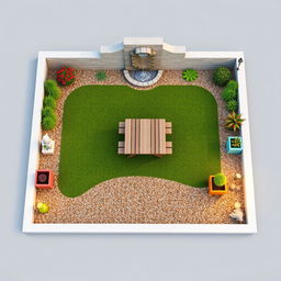 3D rendering of a rectangular garden design, featuring a beautiful wall fountain at the entrance, creating a tranquil ambiance