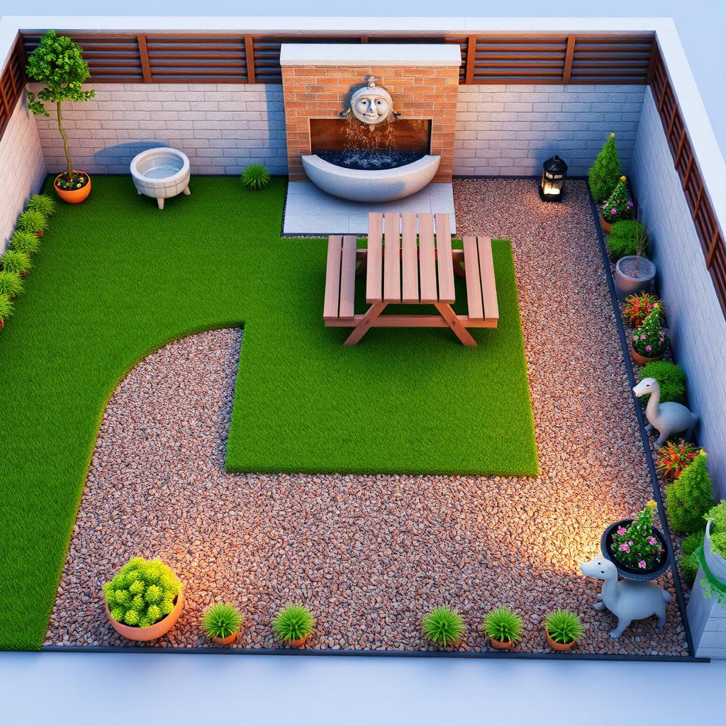 3D rendering of a rectangular garden design, featuring a beautiful wall fountain at the entrance, creating a tranquil ambiance