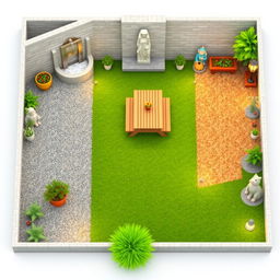 3D rendering of a rectangular garden design, featuring a beautiful wall fountain at the entrance, creating a tranquil ambiance