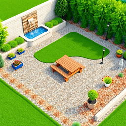 3D rendering of a rectangular garden design, featuring a beautiful wall fountain at the entrance, creating a tranquil ambiance