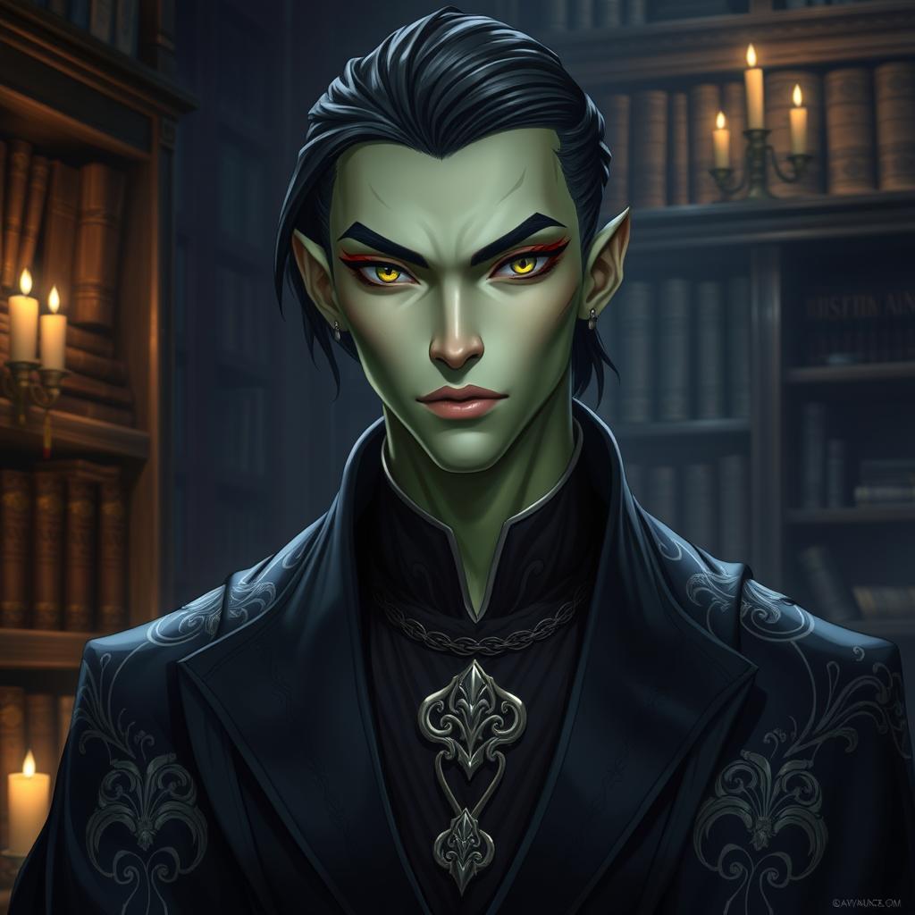 A Yuan-Ti Pureblood male character, depicted as a charismatic and cunning figure belonging to the College of Whispers