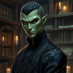 A Yuan-Ti Pureblood male character, depicted as a charismatic and cunning figure belonging to the College of Whispers