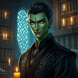 A Yuan-Ti Pureblood male character, depicted as a charismatic and cunning figure belonging to the College of Whispers