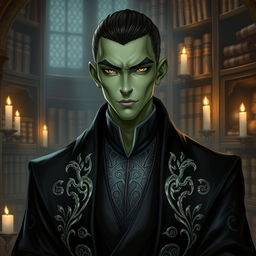 A Yuan-Ti Pureblood male character, depicted as a charismatic and cunning figure belonging to the College of Whispers