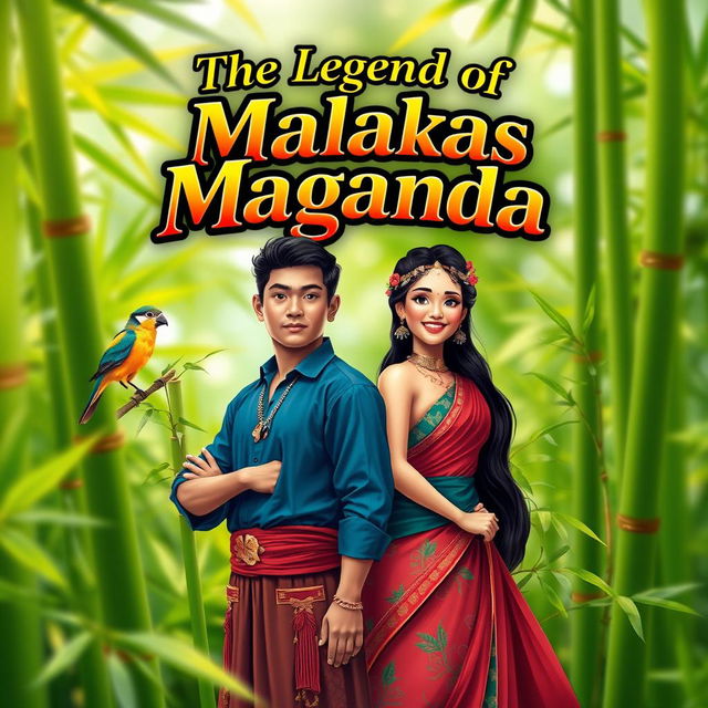 A vibrant and colorful poster depicting the legendary figures of Malakas and Maganda, an attractive Filipino man and woman, standing proudly amidst lush green bamboo