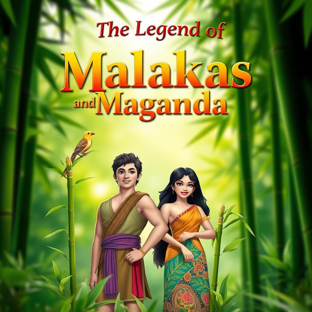 A vibrant and colorful poster depicting the legendary figures of Malakas and Maganda, an attractive Filipino man and woman, standing proudly amidst lush green bamboo