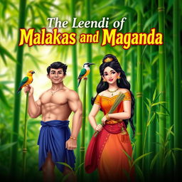 A vibrant and colorful poster depicting the legendary figures of Malakas and Maganda, an attractive Filipino man and woman, standing proudly amidst lush green bamboo