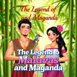 A vibrant and colorful poster depicting the legendary figures of Malakas and Maganda, an attractive Filipino man and woman, standing proudly amidst lush green bamboo