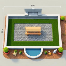 Aerial 3D rendering of a rectangular garden measuring 20 meters in length and 5 meters in width
