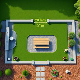 Aerial 3D rendering of a rectangular garden measuring 20 meters in length and 5 meters in width