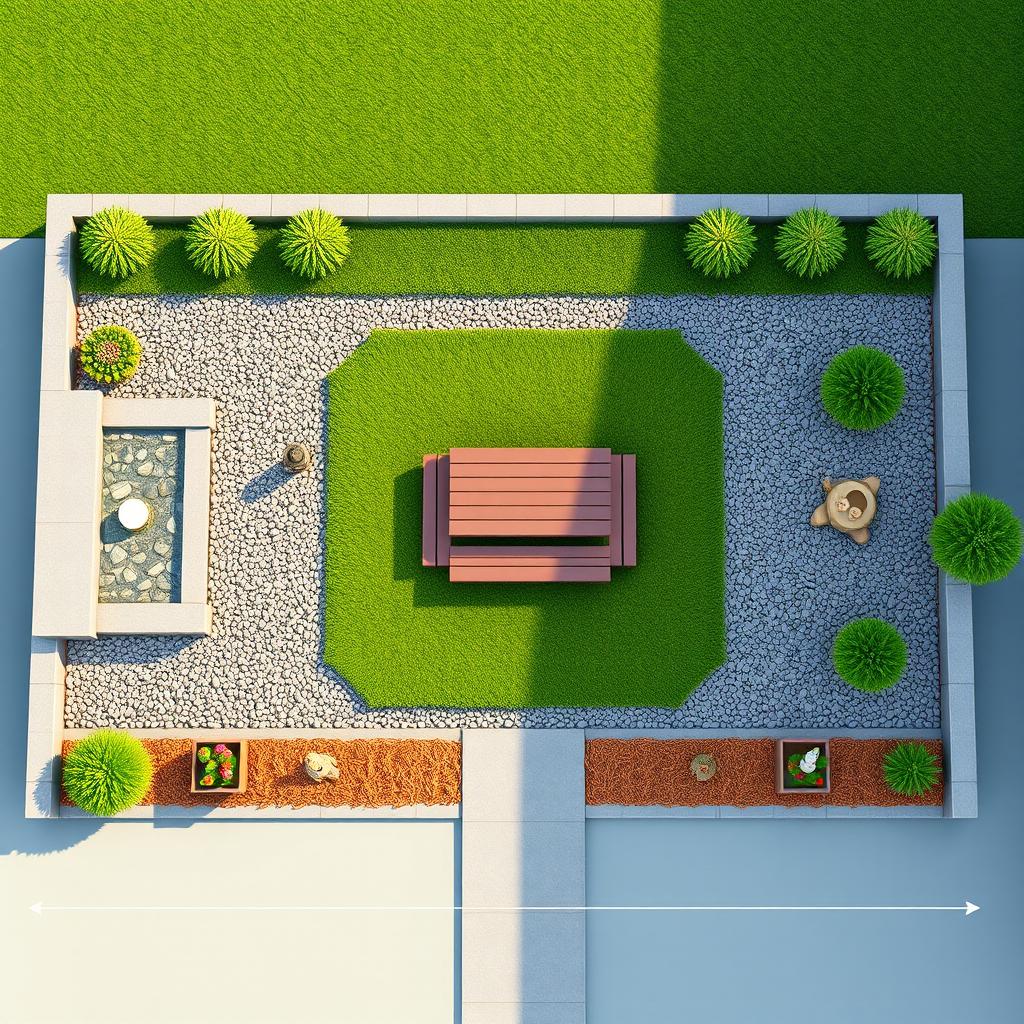 Aerial 3D rendering of a rectangular garden measuring 20 meters in length and 5 meters in width