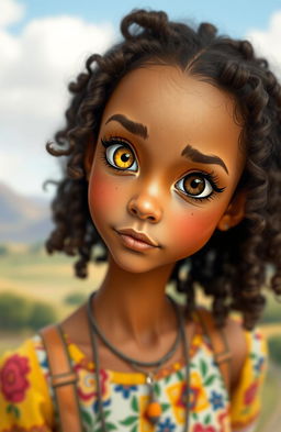 A girl with curly hair, tanned skin, and striking mismatched eyes, one bright gold and the other dark brown