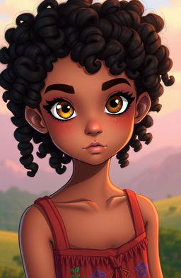 A girl with curly hair, tanned skin, and striking mismatched eyes, one bright gold and the other dark brown