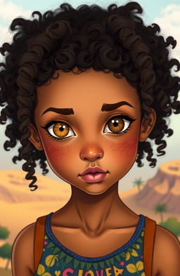 A girl with curly hair, tanned skin, and striking mismatched eyes, one bright gold and the other dark brown