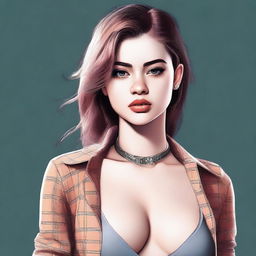 A digital art image of a 21-year-old woman, dressed in a stylish outfit that reveals some skin