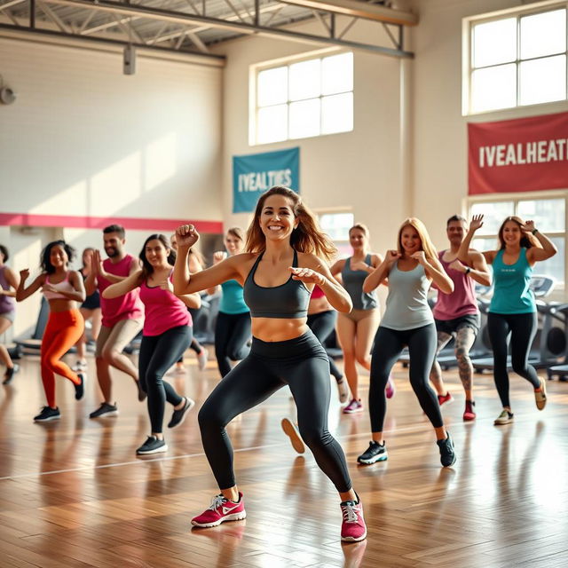 A vibrant and dynamic fitness class in a bright, spacious gymnasium, showcasing a diverse group of people engaging in various physical activities