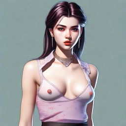 A digital art image of a 21-year-old woman, dressed in a stylish outfit that reveals some skin