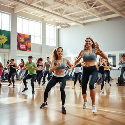 A vibrant and dynamic fitness class in a bright, spacious gymnasium, showcasing a diverse group of people engaging in various physical activities