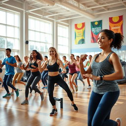 A vibrant and dynamic fitness class in a bright, spacious gymnasium, showcasing a diverse group of people engaging in various physical activities