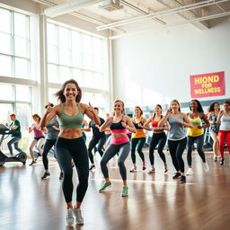 A vibrant and dynamic fitness class in a bright, spacious gymnasium, showcasing a diverse group of people engaging in various physical activities