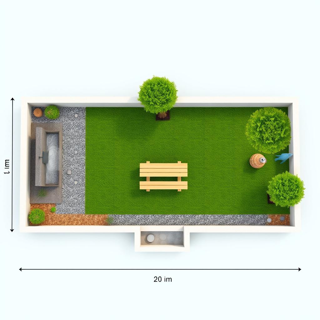 Aerial 3D rendering of a rectangular garden measuring 20 meters in length and 5 meters in width