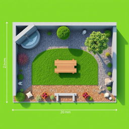 Aerial 3D rendering of a rectangular garden measuring 20 meters in length and 5 meters in width