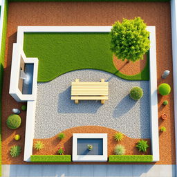 Aerial 3D rendering of a rectangular garden measuring 20 meters in length and 5 meters in width