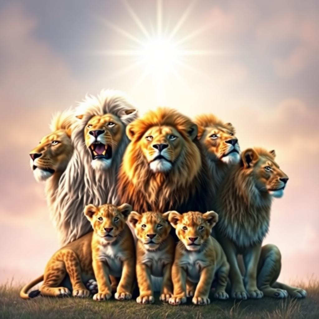 A majestic scene featuring five lions in a dreamy, spiritual setting