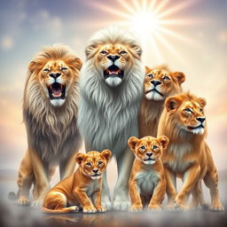 A majestic scene featuring five lions in a dreamy, spiritual setting