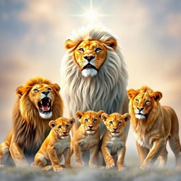 A majestic scene featuring five lions in a dreamy, spiritual setting