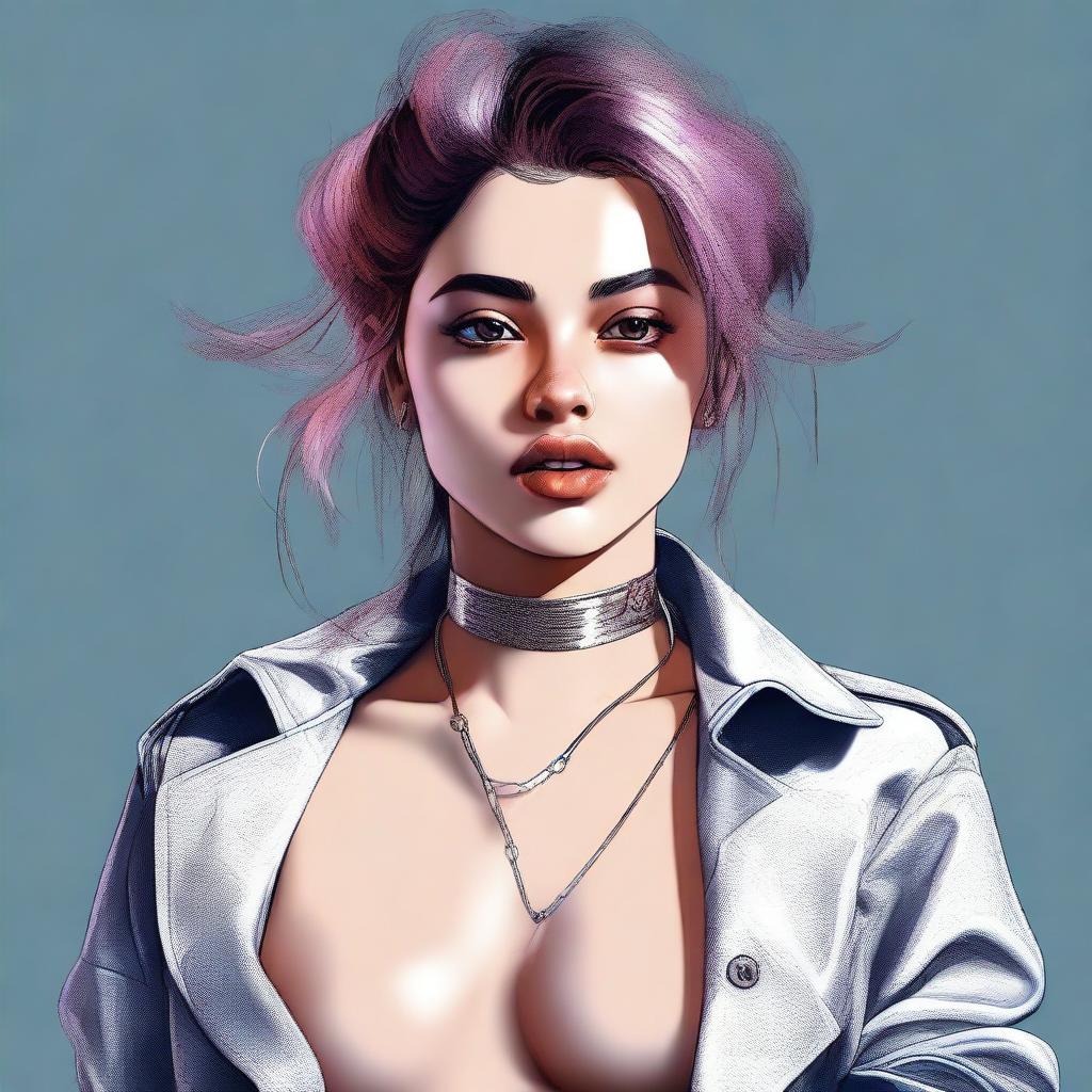 A digital art image of a 21-year-old woman, dressed in a stylish outfit that reveals some skin