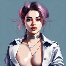 A digital art image of a 21-year-old woman, dressed in a stylish outfit that reveals some skin