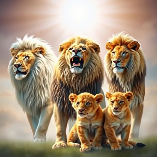 A majestic scene featuring five lions in a dreamy, spiritual setting