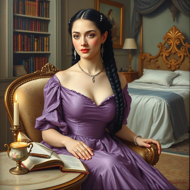 An elegant oil painting in the style of the eighteenth century featuring a lady wearing a modest purple dress that covers her chest