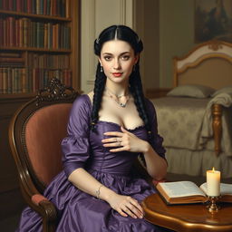 An elegant oil painting in the style of the eighteenth century featuring a lady wearing a modest purple dress that covers her chest